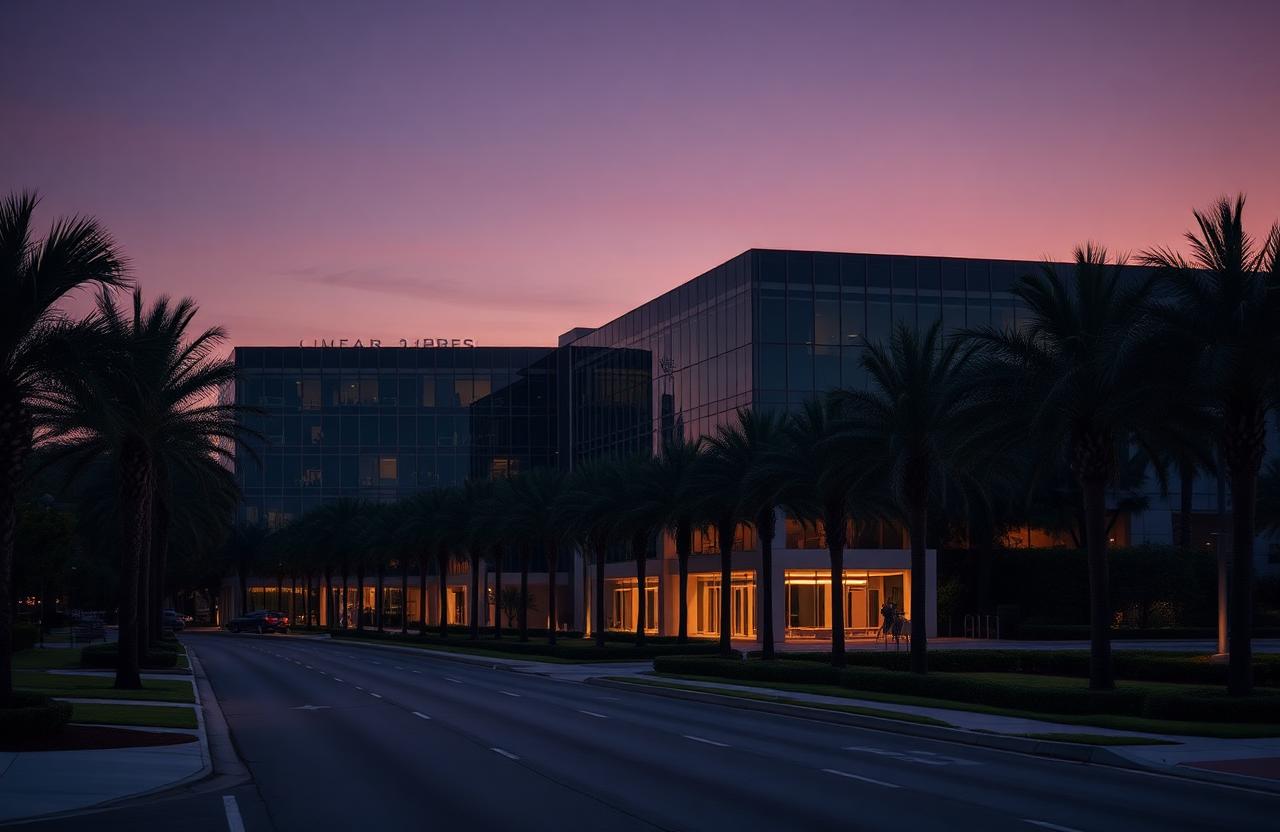 Boca Raton corporate office building and palm-lined boulevard at dusk