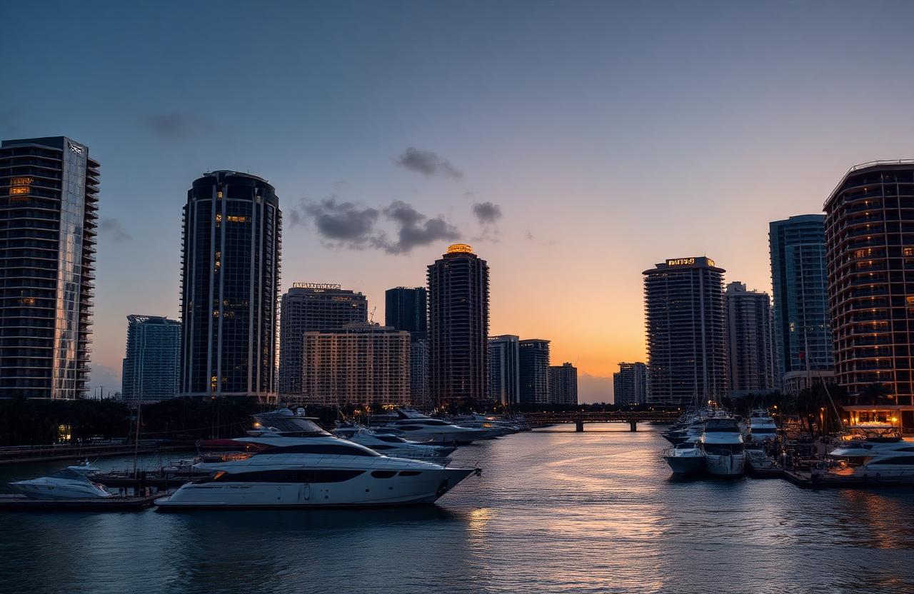 Fort Lauderdale waterfront at dusk with downtown high-rises and yachts along the intracoastal