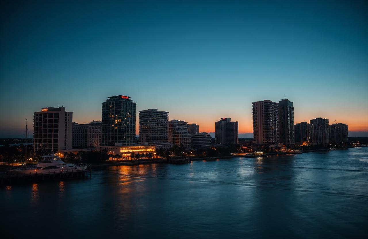 Fort Myers riverfront at dusk with mid-rise buildings along the Caloosahatchee River