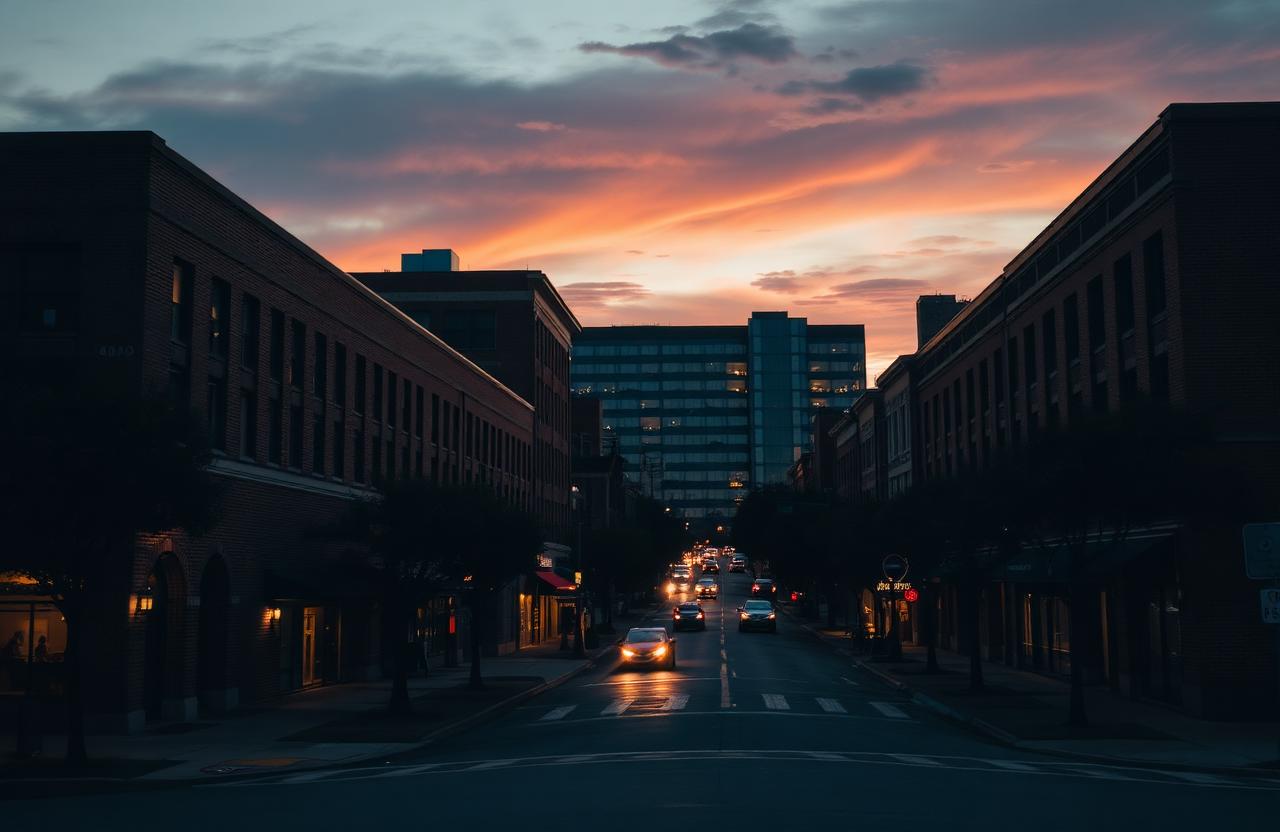 Downtown Gainesville street at dusk with brick mid-rise buildings and a lit skyline behind