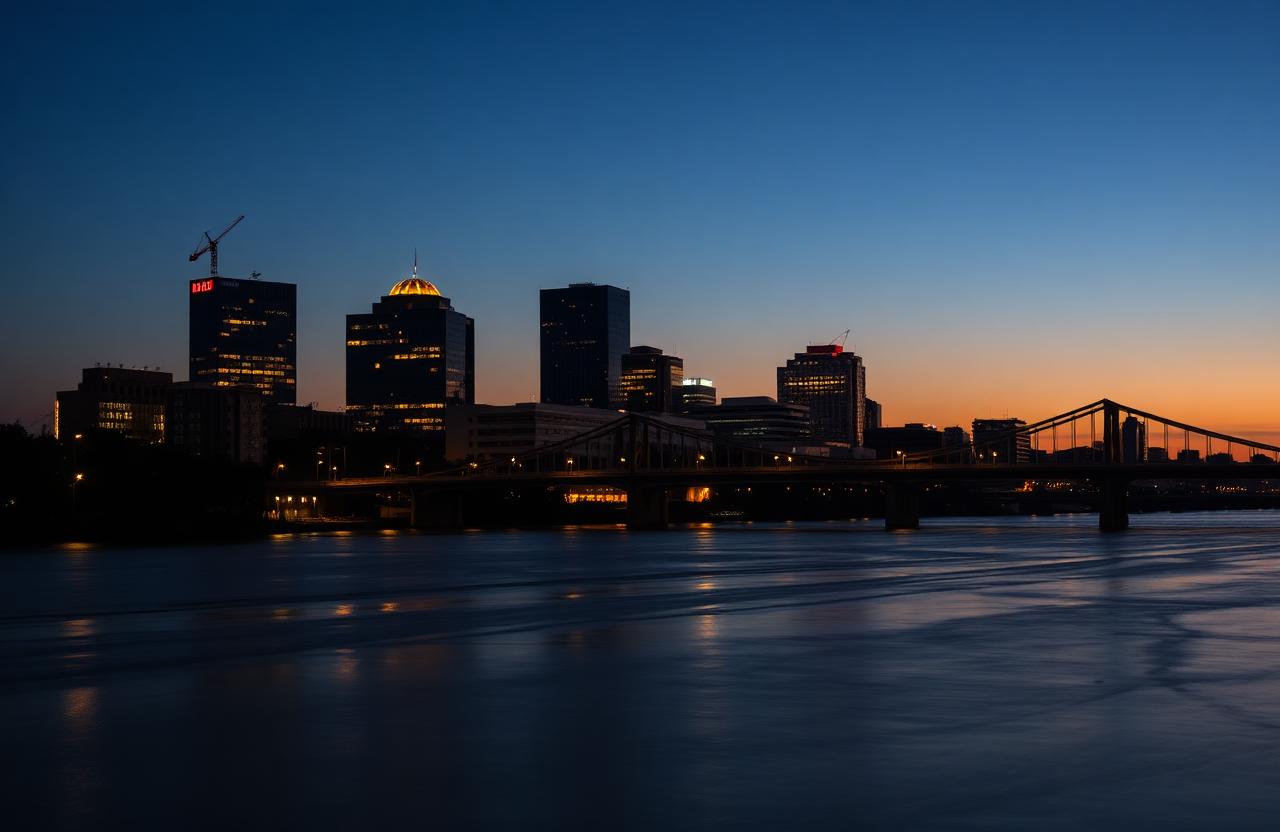 Jacksonville skyline along the St. Johns River at dusk with lit bridges in the distance