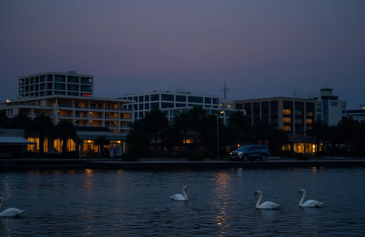 Lakeland lakefront at dusk with mid-rise buildings and swans on the water