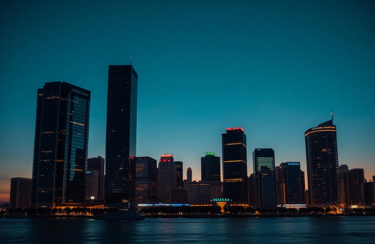 Miami downtown skyline at blue hour with glass office towers reflected in the bay