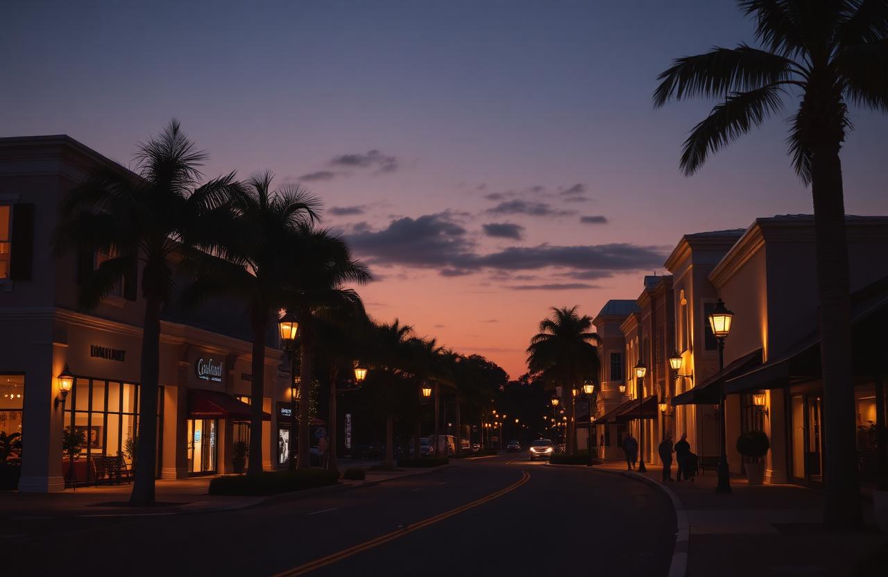 Upscale downtown Naples street at dusk with palms, street lamps and warm shop lighting