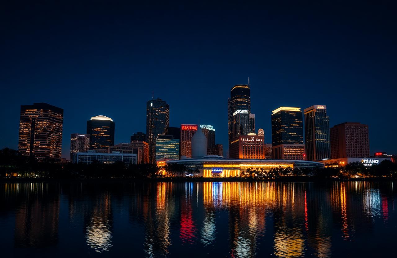 Orlando downtown skyline at night reflected in the still water of Lake Eola