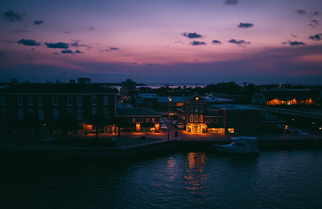 Pensacola downtown waterfront at dusk with historic brick buildings and the bay beyond