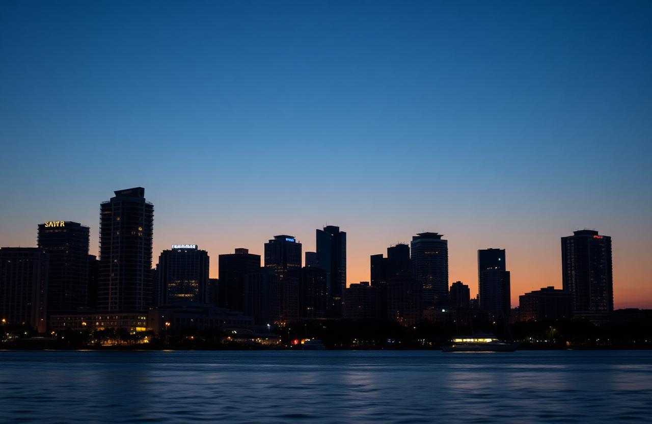 Sarasota skyline over the bay at dusk with modern residential and office towers