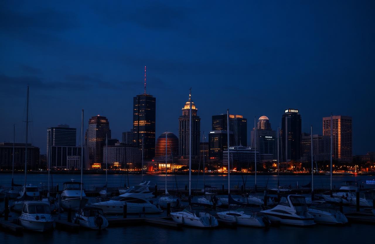 St. Petersburg waterfront skyline at night with a marina of moored boats in the foreground