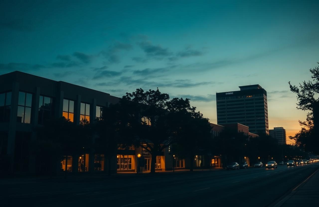 Downtown Tallahassee at dusk with oak-lined streets and low-rise professional office buildings