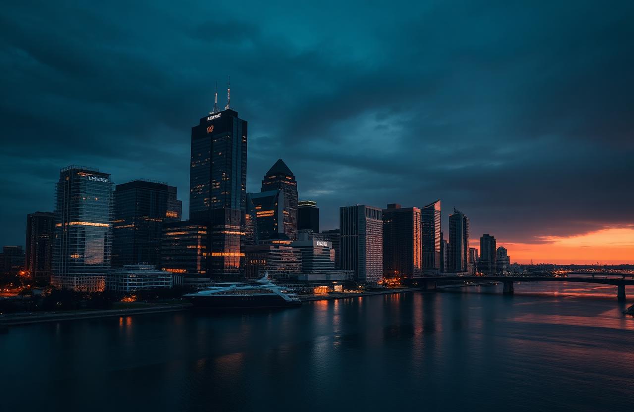 Tampa downtown skyline and the Hillsborough River at dusk under a dark cloudy sky