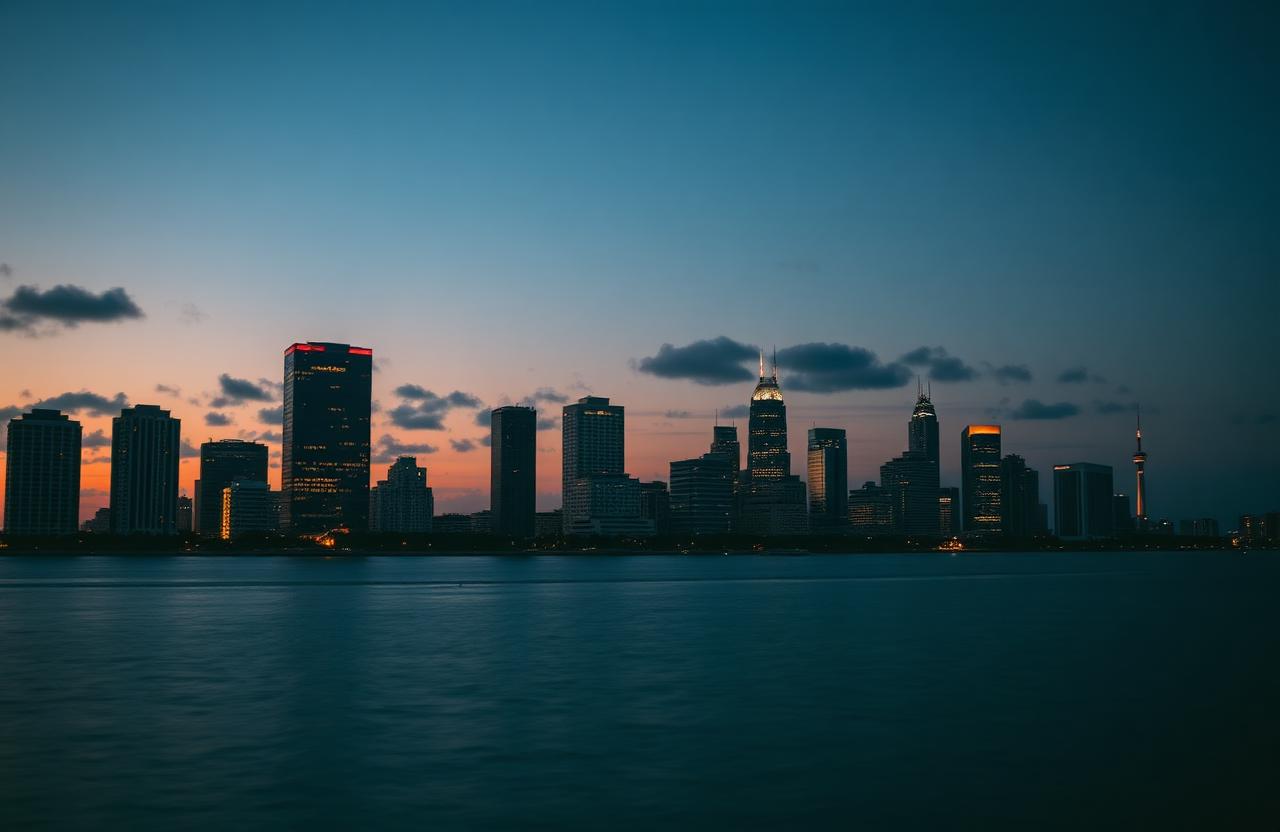 West Palm Beach skyline seen across the intracoastal waterway at twilight