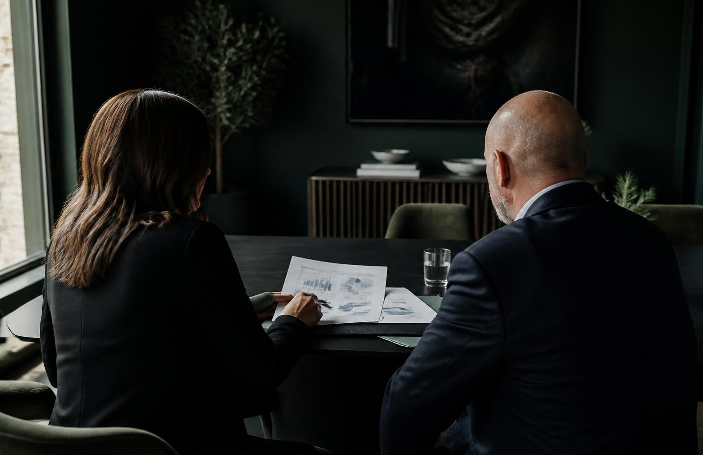 Two professionals reviewing printed financial reports across a dark table in a private meeting room
