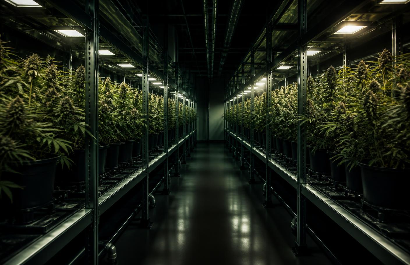 Rows of cannabis plants under horticultural lighting inside a commercial cultivation facility