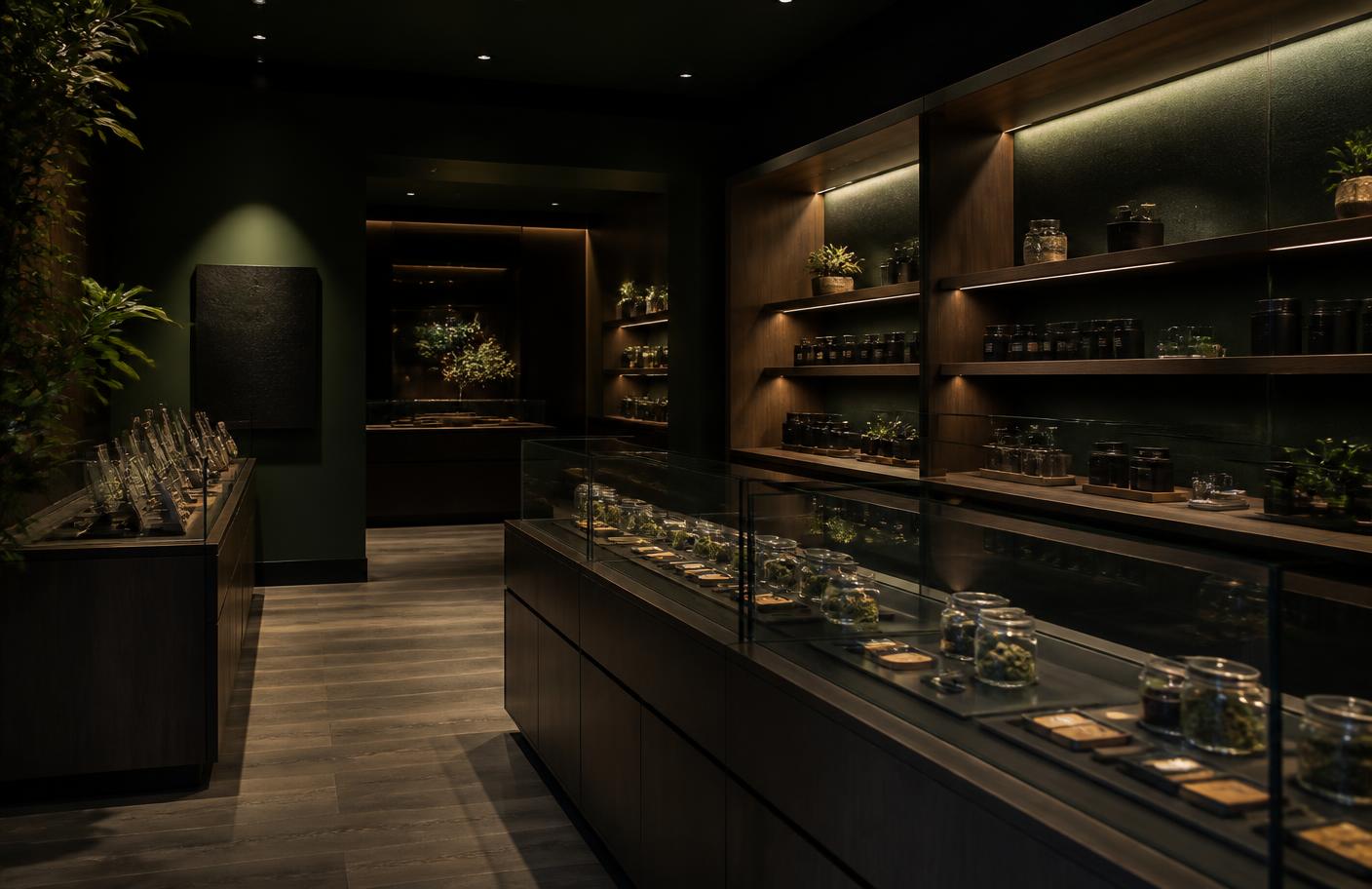 Dispensary retail interior with display cases and shelving in warm low light