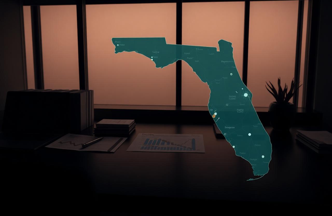 Executive desk with regional financial reports and a map of Florida in low evening light