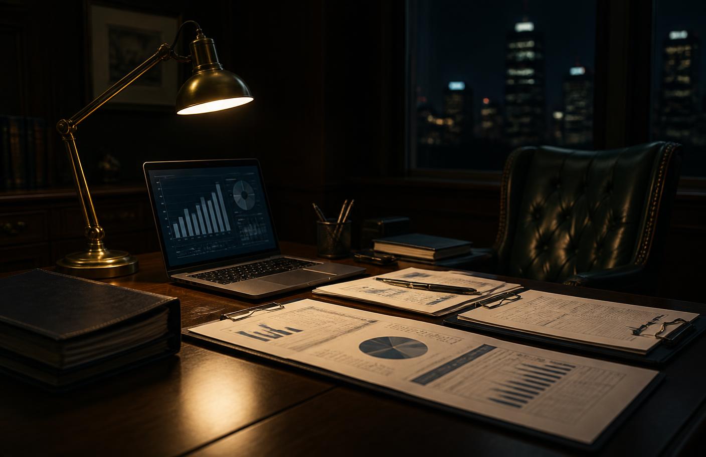 Financial statements and reporting materials on an executive desk in low evening light